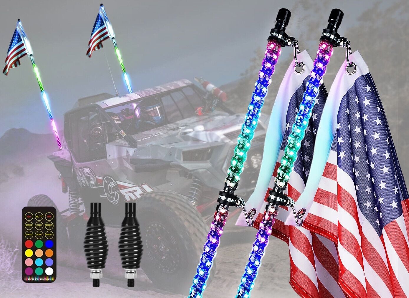 RacingPowerSports 3ft LED Spiral Whip Light Pair Antenna Polaris RZR ...